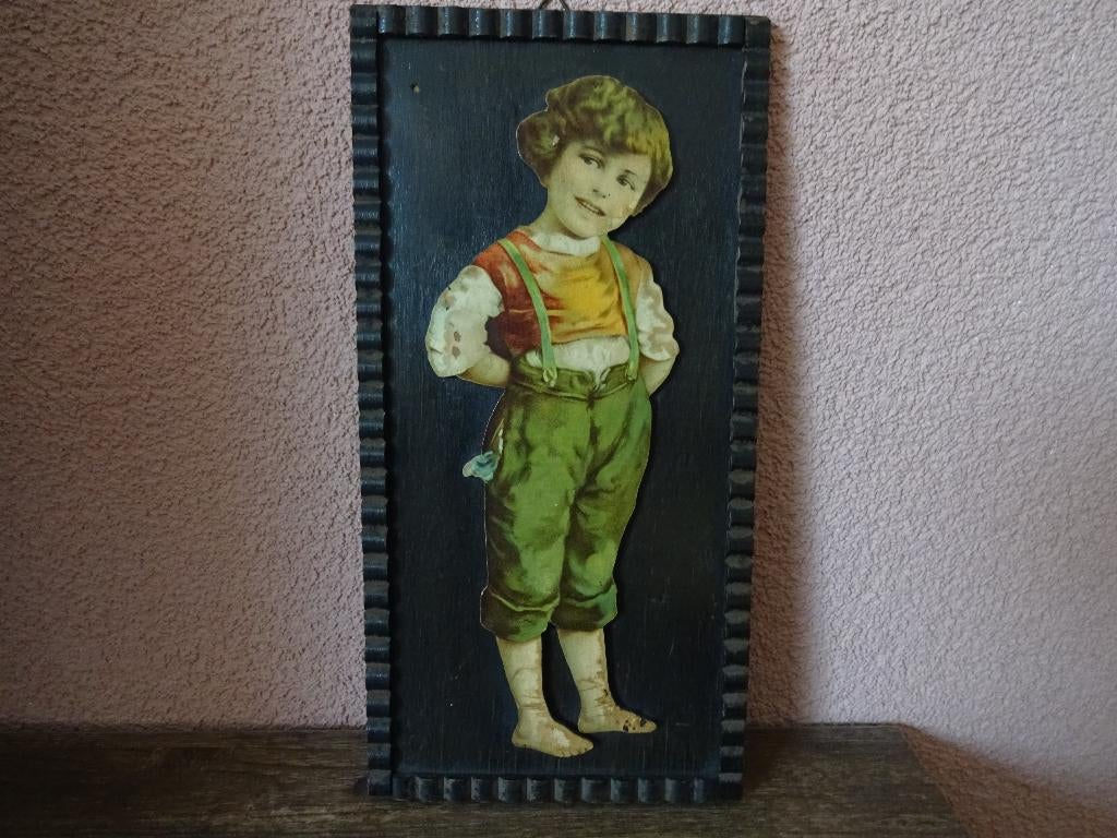Schilderijtje met kind afbeelding(opgelegd hout), vintage, Ophalen of Verzenden