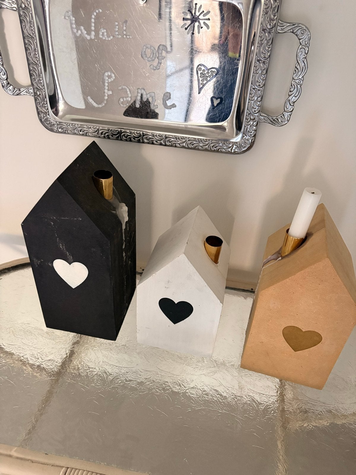Houten kandelaars huisjes met hartjes set, Ophalen, Gebruikt, Meerkleurig, Overige merken