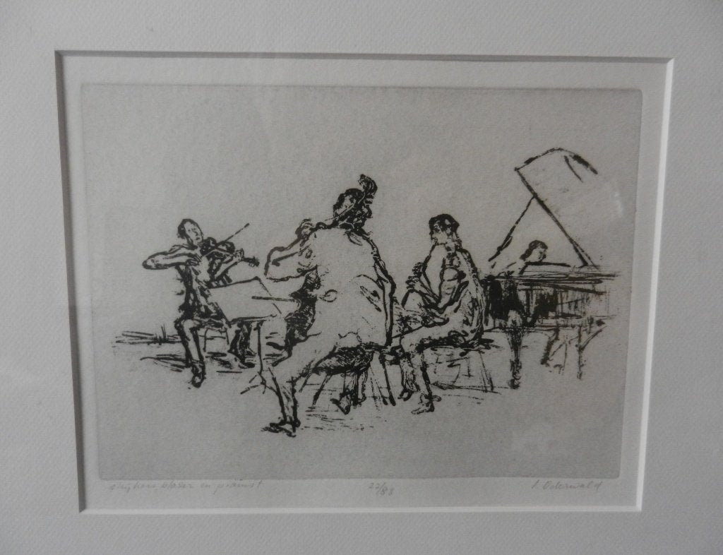 Ets Strijkers, blazer en pianist Ingeborg Oderwald 18,5x25,3, Antiek en Kunst, Kunst | Etsen en Gravures, Ets, Genummerd, Gesigneerd