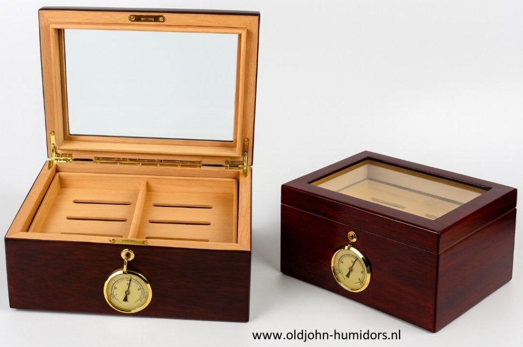 HUMIDOR BUBINGA FINEER GLASS TOP 100 SIGAREN MERK ANGELO h17, Verzenden, Nieuw, Tabaksdoos of Verpakking