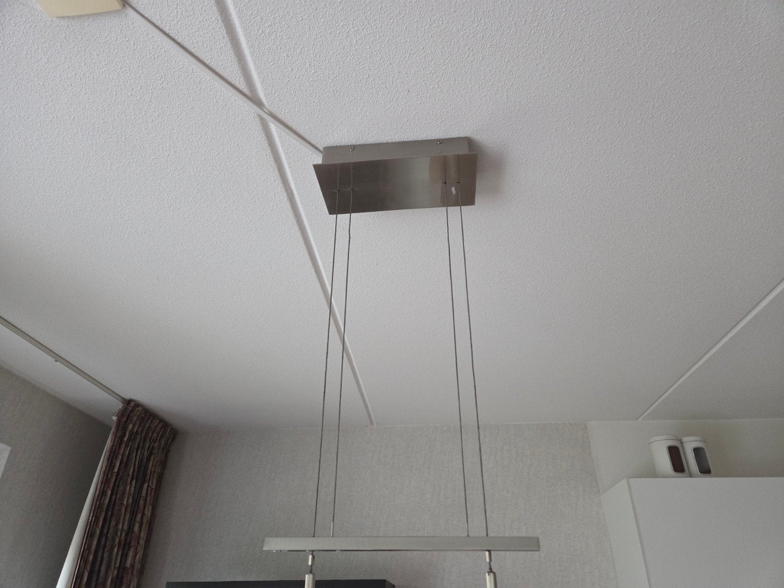 Moderne hanglamp met 5 spots - RVS en wit, Ophalen, Gebruikt, E14 (klein), Metaal