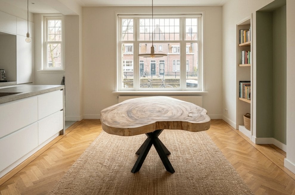 Suar boomstamtafel- 145- 150 cm-BT174, Overige houtsoorten, Nieuw, Ophalen of Verzenden, Vijf personen of meer