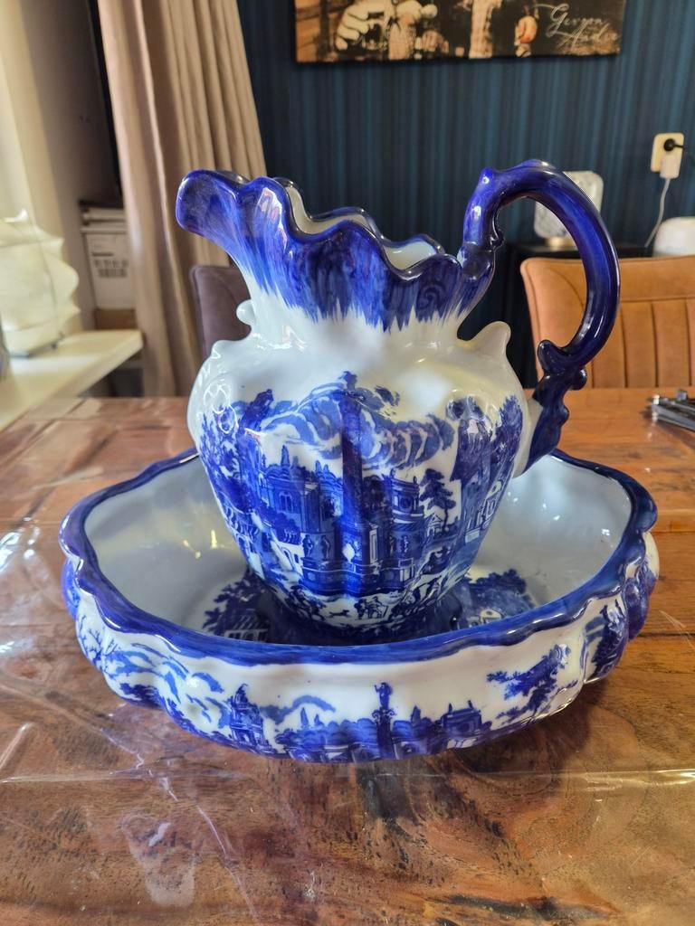 Antieke waskom en kan set - Blauw/Wit met scheurtje, Ophalen