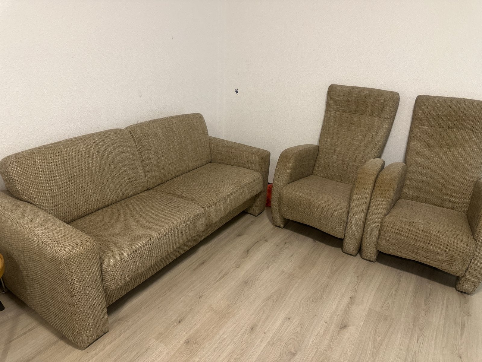 2-zitsbank met 2 fauteuils, Ophalen, Gebruikt, Rechte bank, Stof