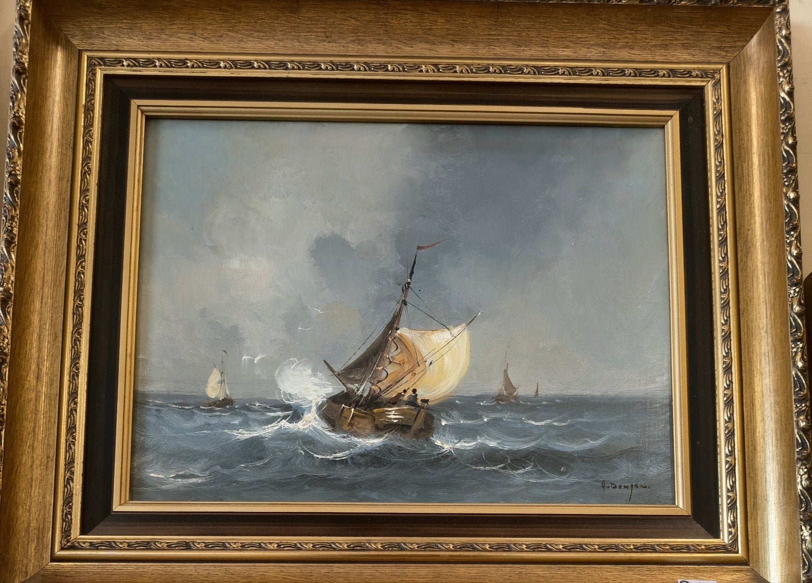 Maritiem Schilderij: Zeilschip op woelige zee, Antiek en Kunst, Kunst | Schilderijen | Klassiek, Ophalen, Maritiem / water, Doek
