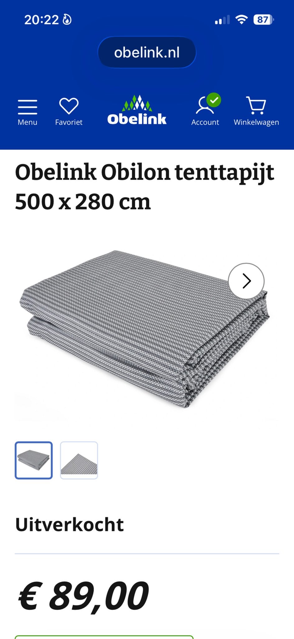 Obilon tenttapijt 500 x 280 cm grijs, Ophalen of Verzenden, Gebruikt