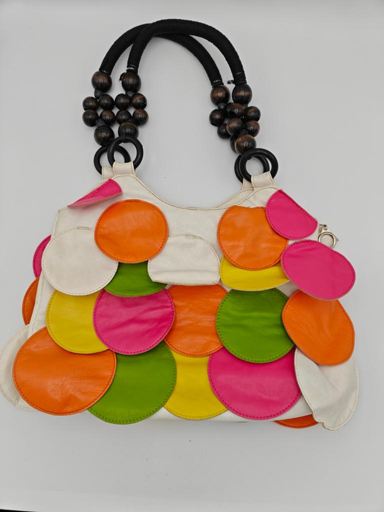 Unieke Vintage Y2K Multicolor Leren Tas met Kralen Hengsels, Ophalen of Verzenden, Gebruikt, Overige kleuren, Handtas