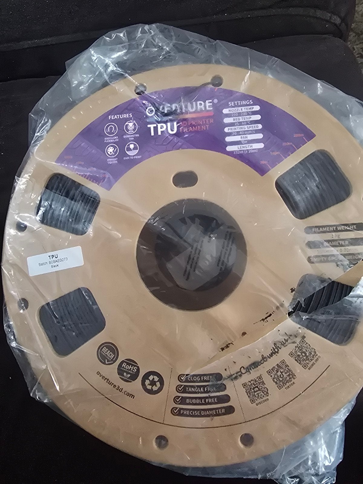 Overture TPU 3D Printer Filament Zwart - Nieuw, Computers en Software, Ophalen of Verzenden, Nieuw
