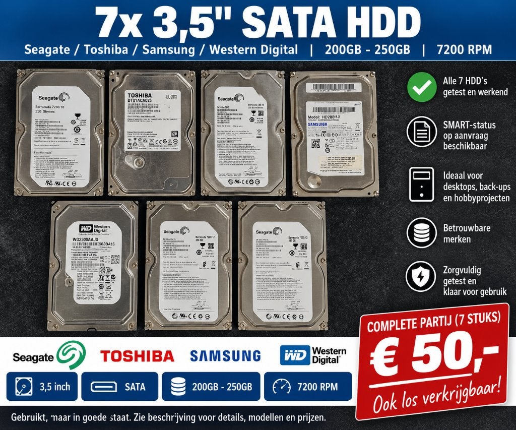Partij: 7x 3,5" SATA HDD 200-250GB 7200RPM Getest & Werkend✅, Computers en Software, Gebruikt, Seagate, Ophalen of Verzenden, Seagate