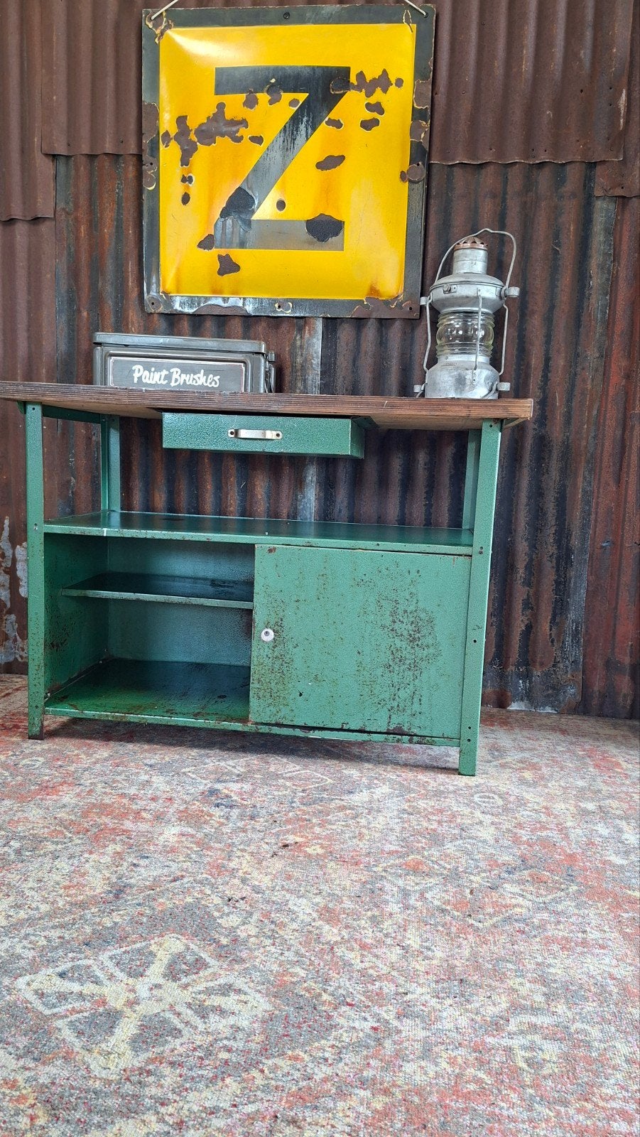 Vintage Groene Werkbank met Prachtige Patina, Ophalen, Gebruikt, 70 tot 120 cm
