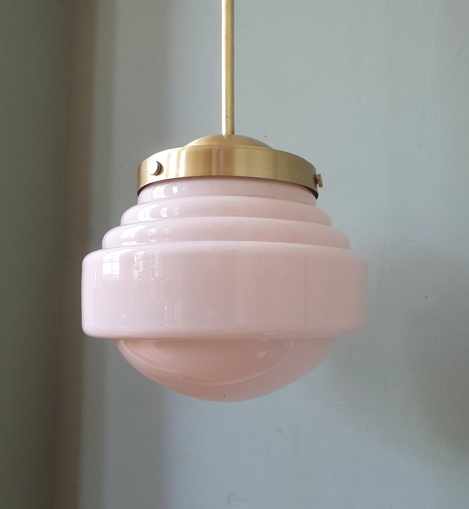 Vintage Art Deco Rose gesloten hanglamp met pendelarmatuur, Art deco, vintage, mid century, Zo goed als nieuw, Glas, E27 (groot)
