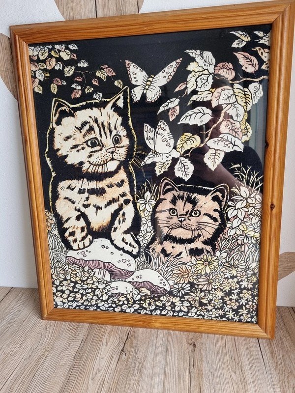 Prachtig Vintage Houten Schilderij Katten A.D.Graphics 1984, Gebruikt, Hout, Schilderij, Verzenden
