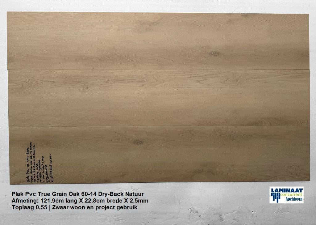 Plak Pvc True Grain Oak 60-14 Natural Toplaag 0,55 €23,95m2, Huis en Inrichting, Stoffering | Vloerbedekking, Plak Pvc vloer Dry-Back Natuur eiken - Rechte planken