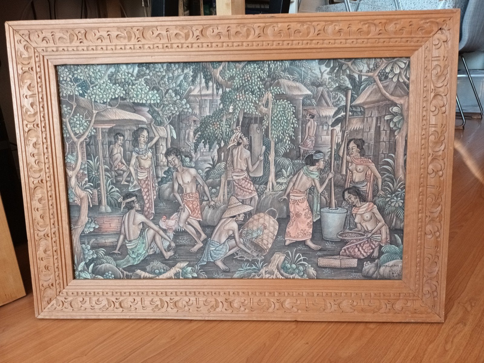 Bali, Indonesië, olieverf op doek, markt tafereel, gesign., Ophalen of Verzenden