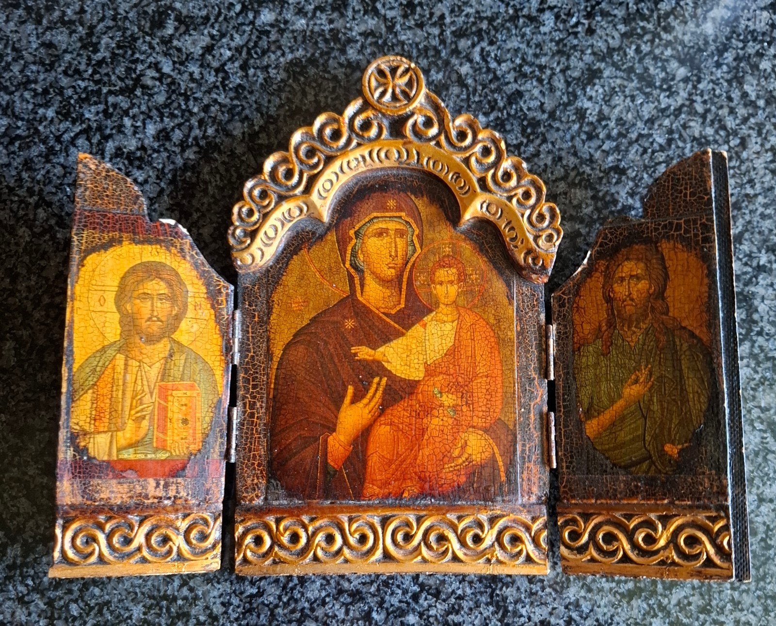 Prachtig antiek drieluik, zorgvuldig geschilderd op hout., Antiek en Kunst, Ophalen of Verzenden