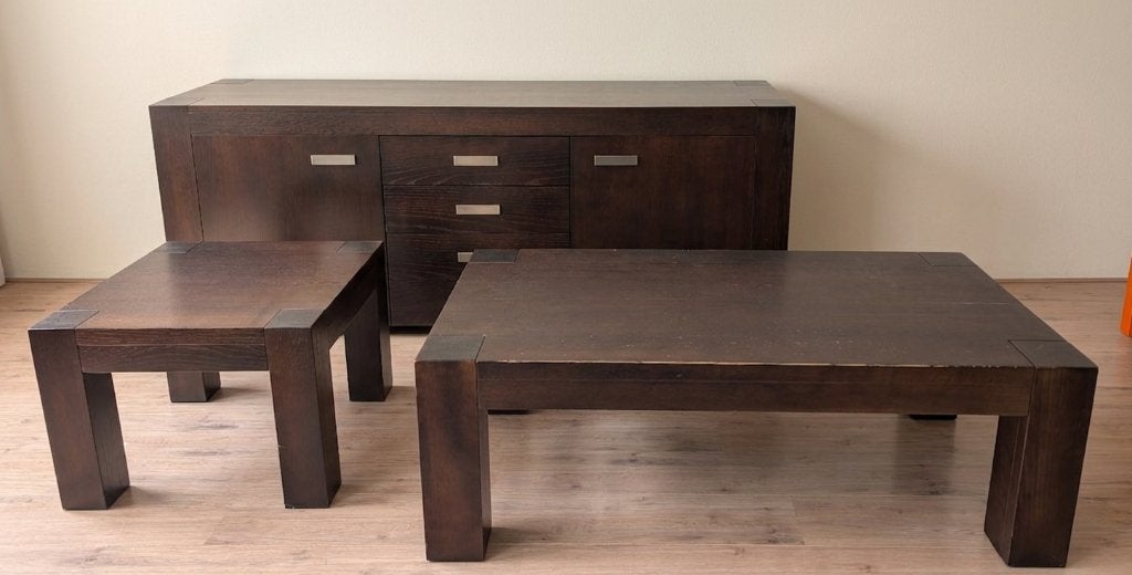 Strak donkerbruin eiken dressoir, salontafel en bijzettafel, Ophalen, 50 – 75, Gebruikt, 50 tot 100 cm