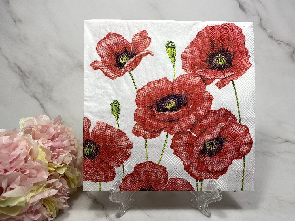 Knutsel servetten 33x33 cm klaprozen op wit servet nr 478, Ophalen of Verzenden, Nieuw