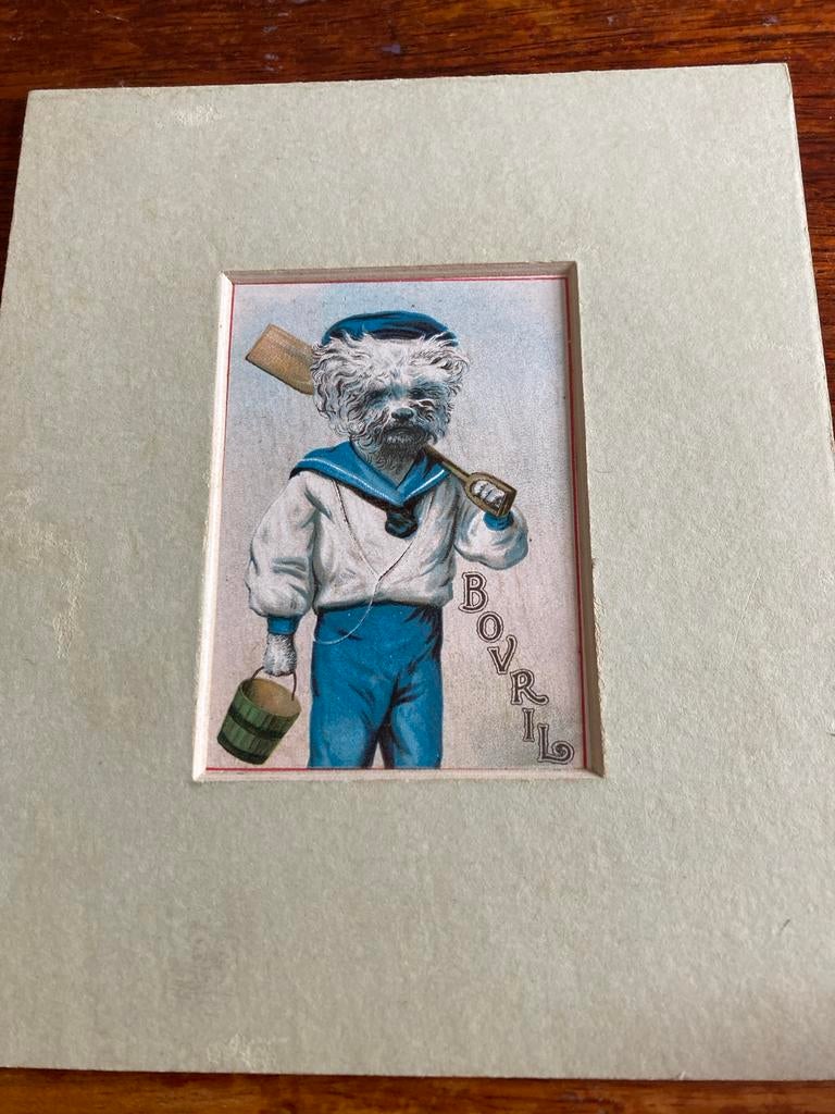 Vintage Bovril reclamekaartje met hond in matrozenpak, Ophalen of Verzenden, Gebruikt, Reclamebord