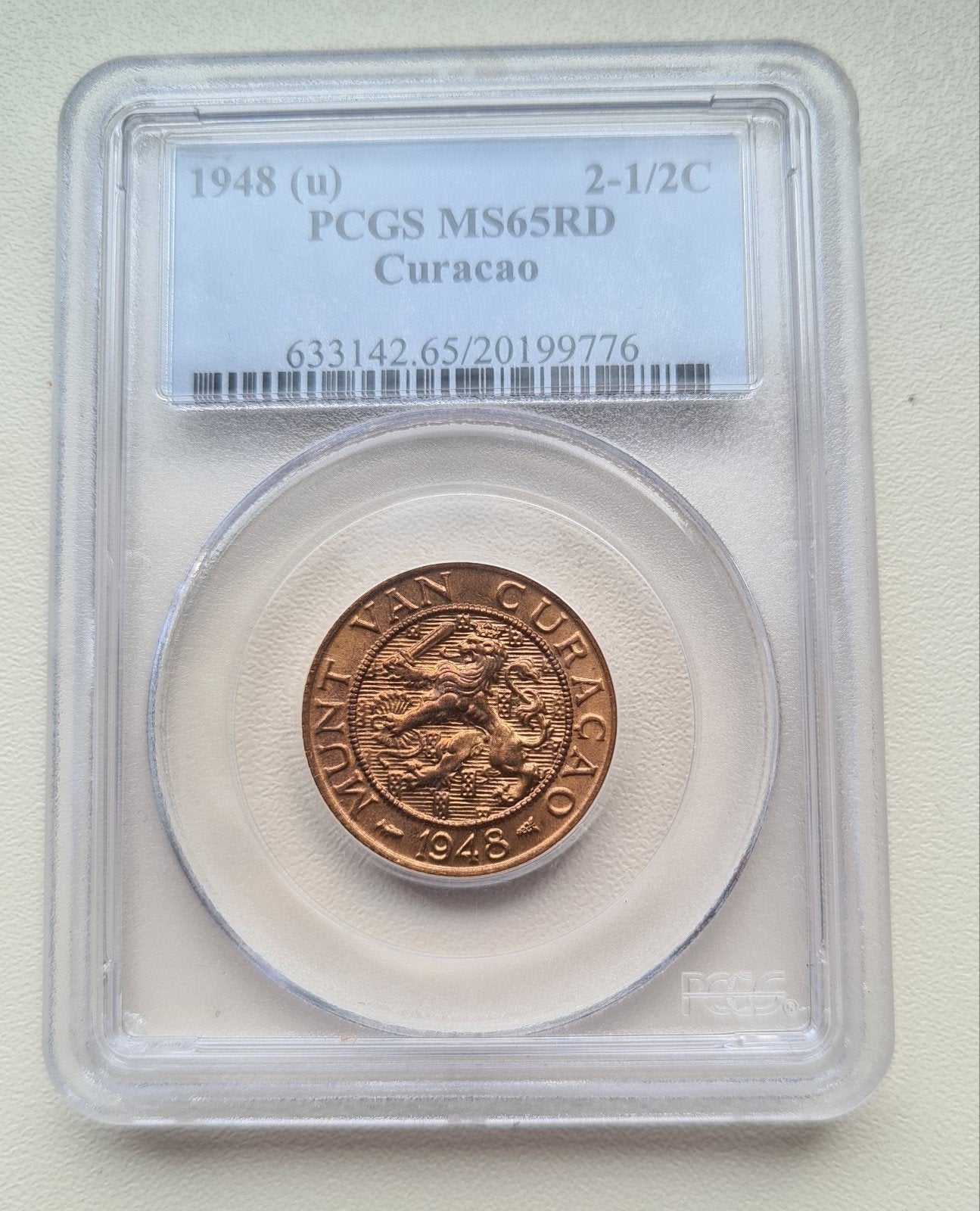 2 1/2 cent 1948 Curaçao PCGS MS65RD, Ophalen of Verzenden, Koningin Wilhelmina, Overige waardes, Losse munt