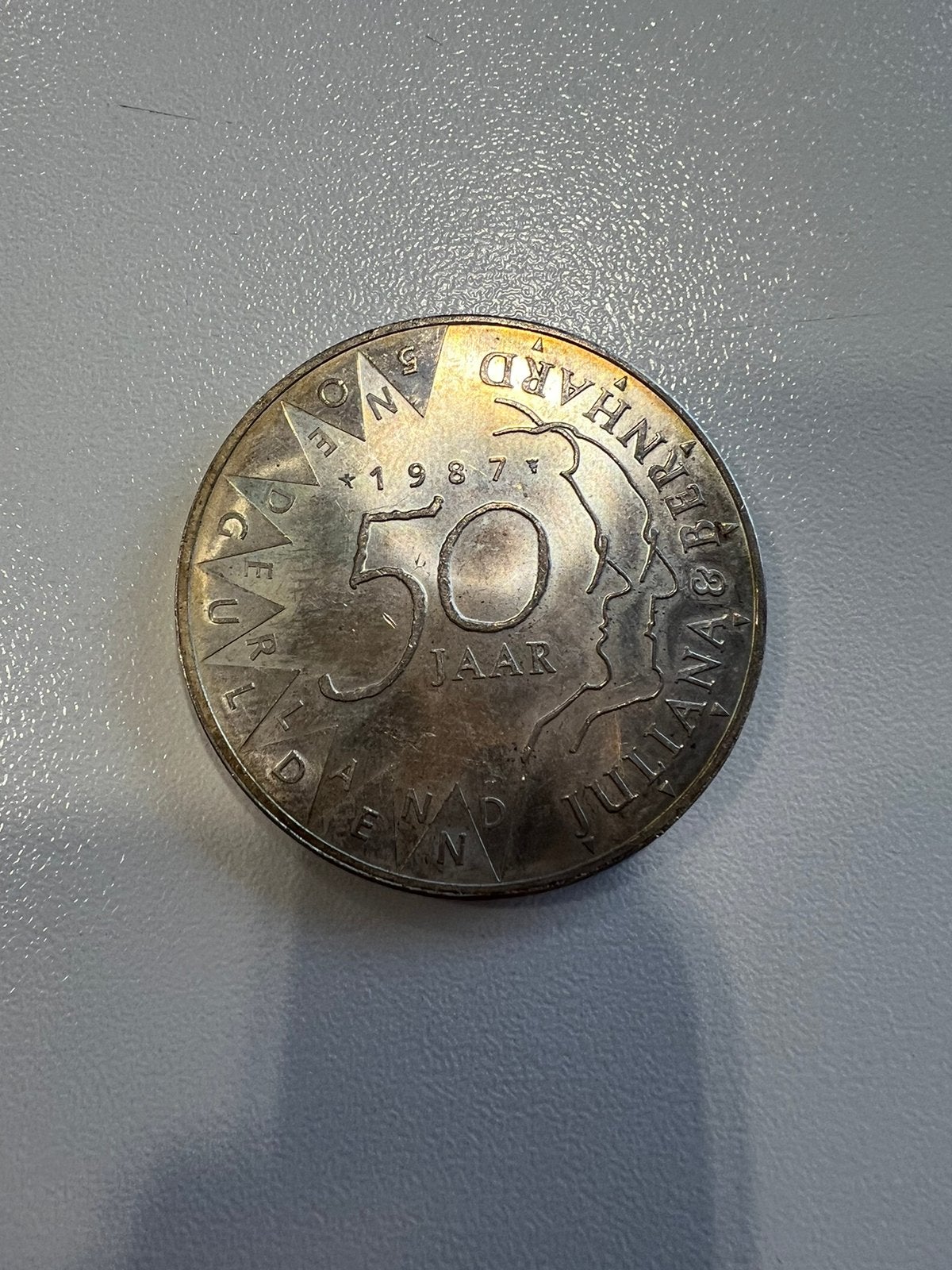 Zilveren 50 Gulden Munt 1987 Juliana & Bernhard 50 Jaar, Koningin Beatrix, Zilver, Ophalen of Verzenden, Losse munt