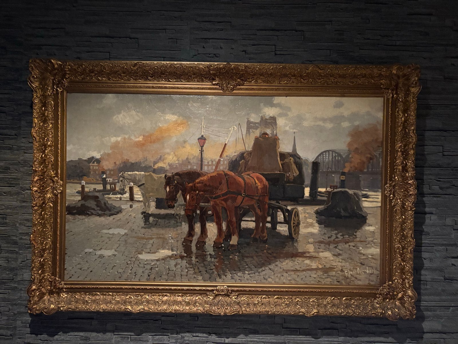 Groot doek Rotterdamse paarden door Overbeek met antieke lij, Antiek en Kunst, Doek, Realistisch, Bijzondere lijst, Dieren