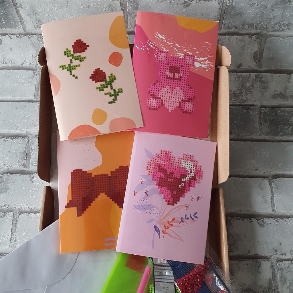 Diamond painting kaarten strik, beer, hart, roos, zelf maken