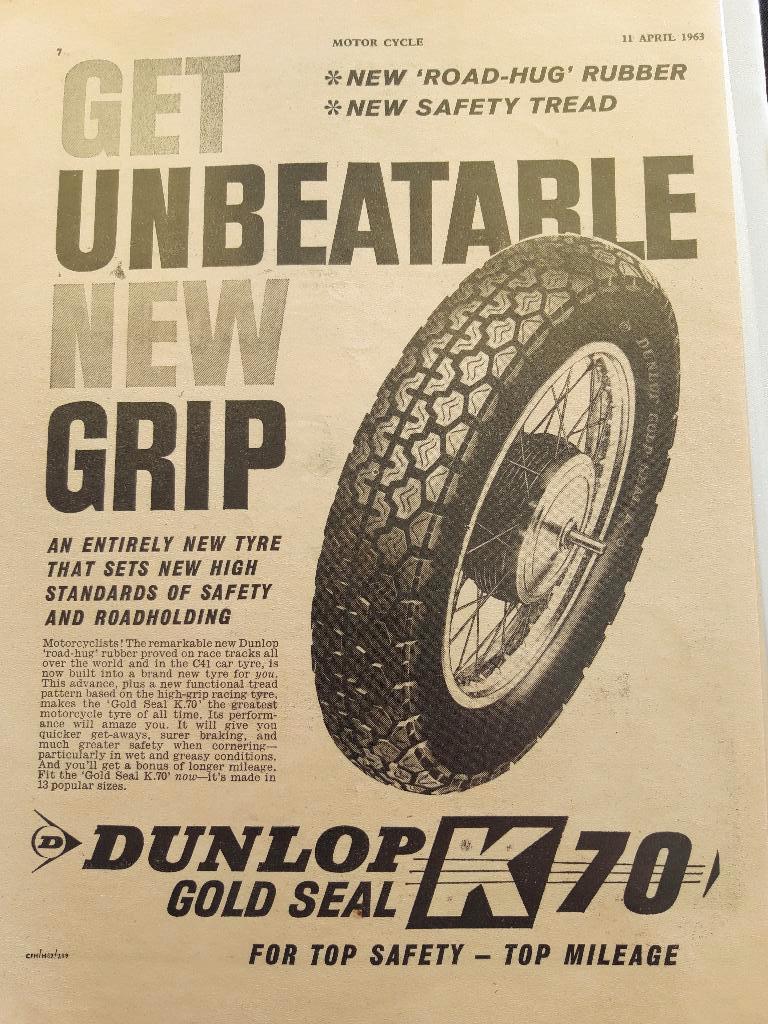 DUNLOP Gold Seal K70 motorbanden - advertentie 1963, Ophalen of Verzenden, Gebruikt, Motoren
