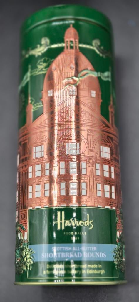 Harrods Blik - 19 cm hoog, 7,5 cm doorsnede, Ophalen of Verzenden, Gebruikt, Koek(jes)