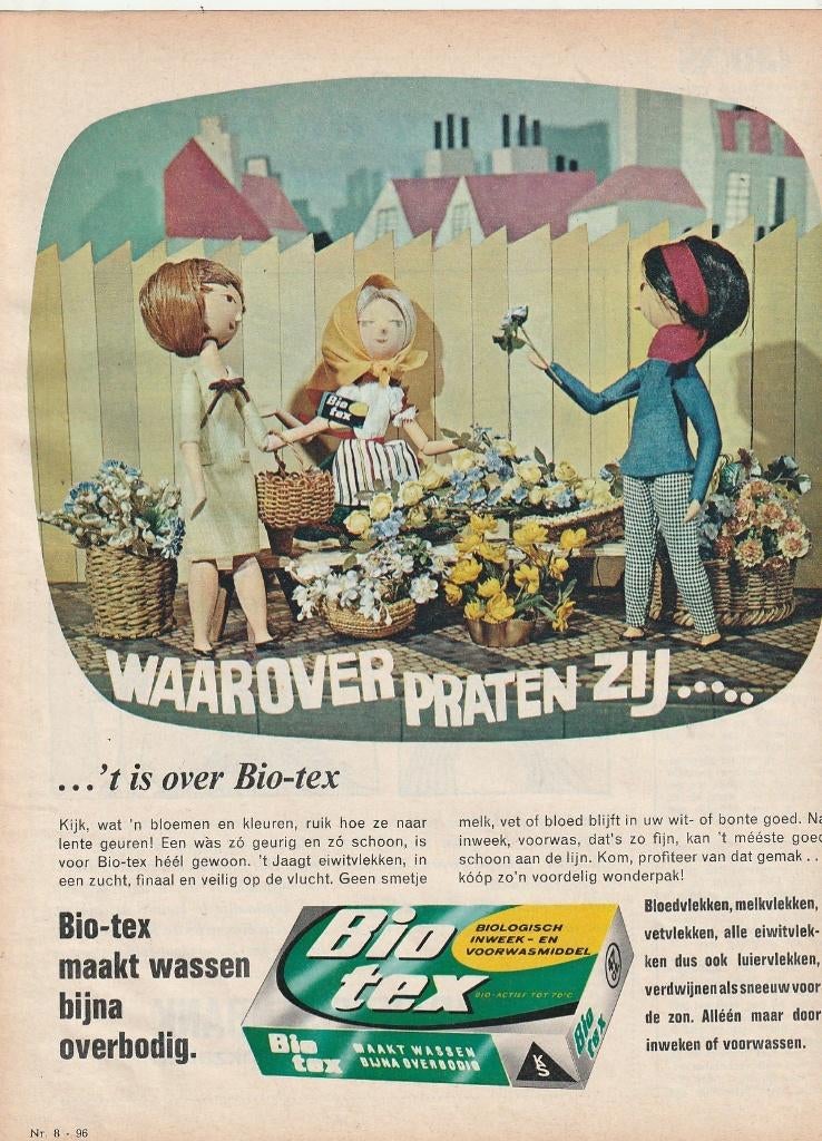 Retro reclame 1967 Biotex wasmiddel poppetjes bloemenstal, Verzamelen, Verzenden, Overige typen