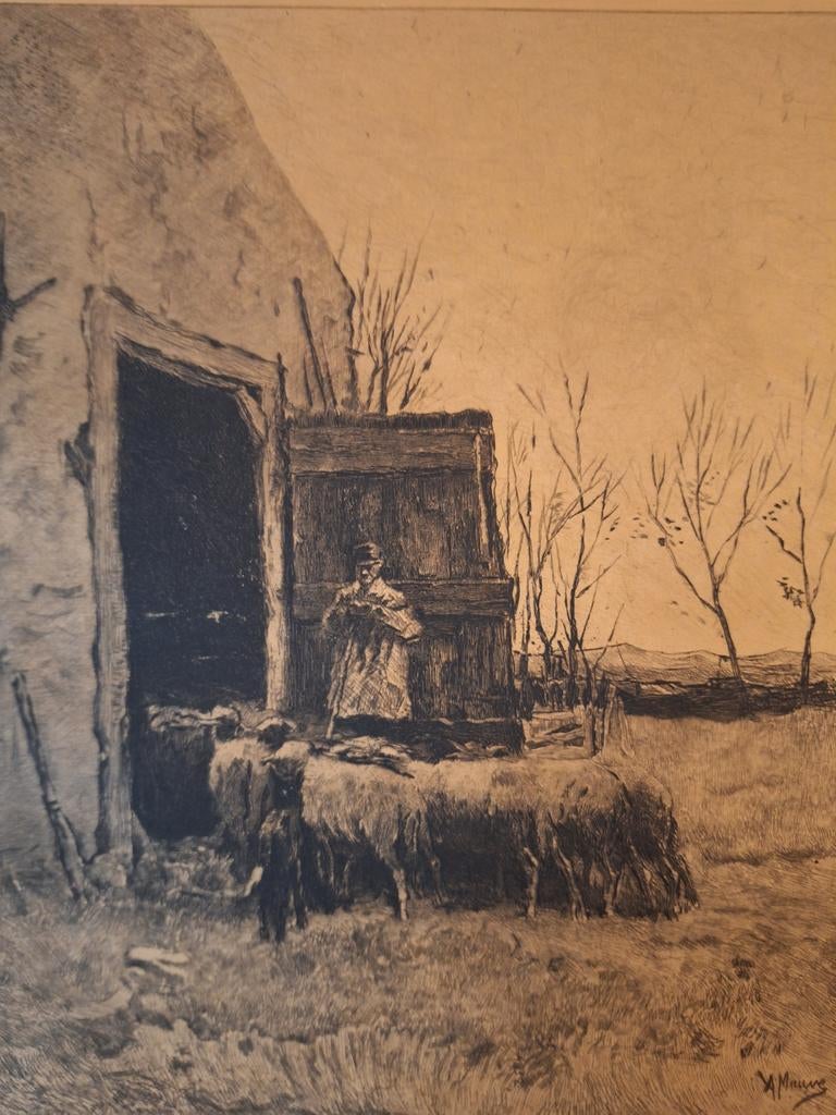 Naar Anton Mauve - Schapen bij een boerderij, Antiek en Kunst, Kunst | Etsen en Gravures, Ophalen of Verzenden