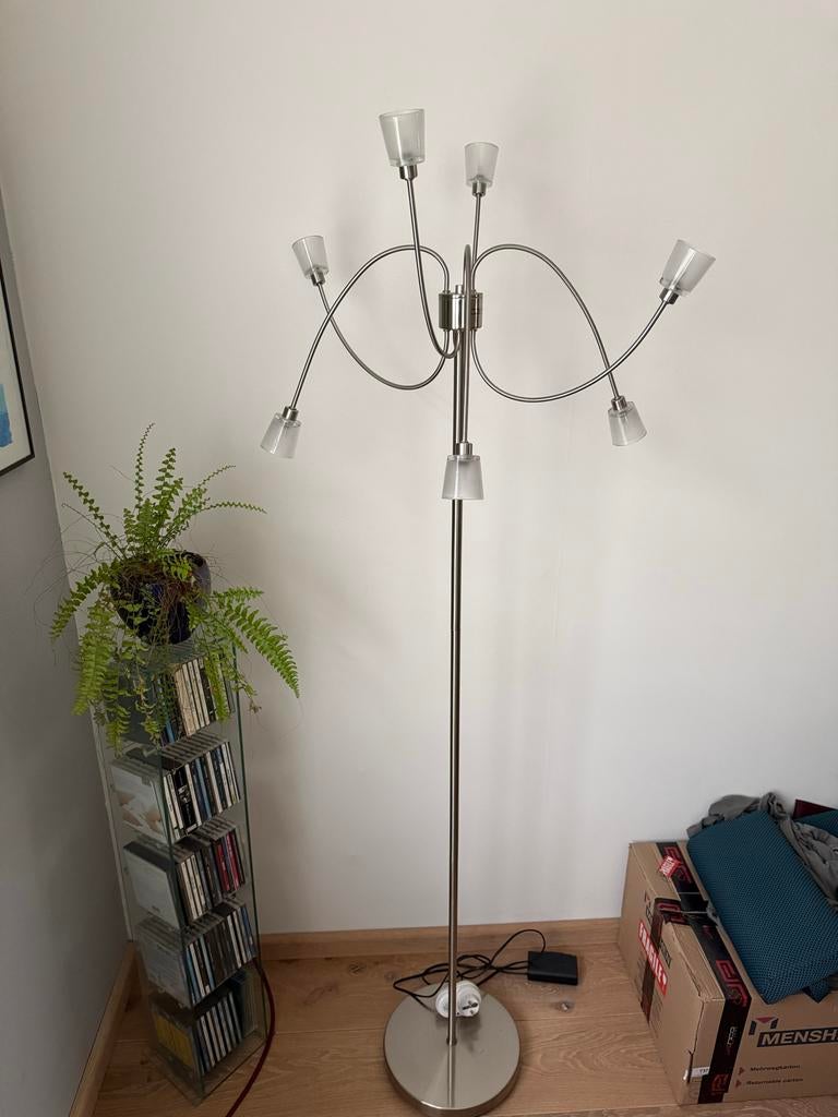 Staande lamp met 7 glazen kelken en dimmer, Ophalen, Gebruikt, Glas, 150 tot 200 cm