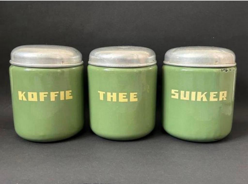 Groene Koffie, Thee & Suiker Voorraadbussen, Antiek en Kunst, Antiek | Emaille, Ophalen of Verzenden