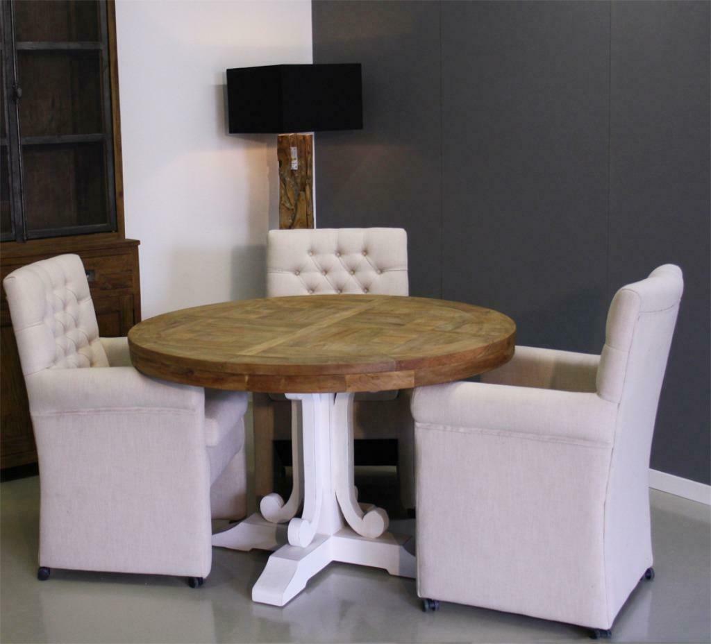 Ronde tafel van teakhout, ingelegd blad, witte poot, Huis en Inrichting, Tafels | Eettafels, Nieuw, 100 tot 150 cm, 100 tot 150 cm