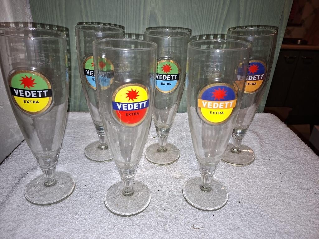 6 oude glazen Vedett bier, jaren 1980, Ophalen of Verzenden