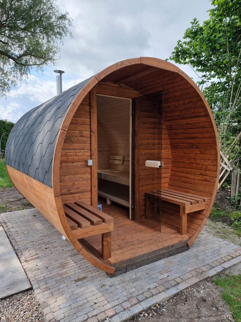Nieuwe barrel sauna in 3 kleuren verkrijgbaar. Afmeting 3m!, Ophalen of Verzenden, Nieuw, Fins of Traditioneel, Complete sauna