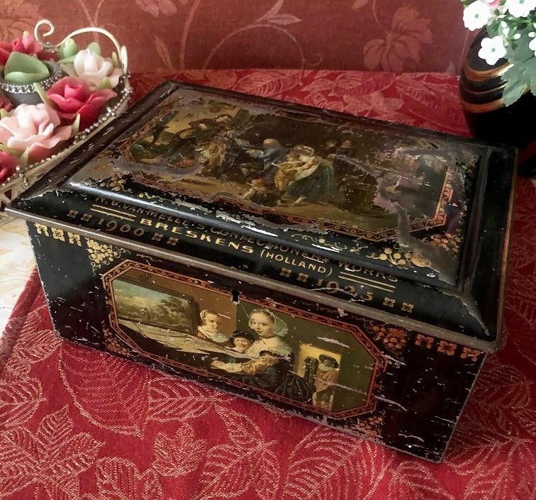 Antieke koek blik met oude kunst; schilderijen, Verzamelen, Blikken, Gebruikt, Overige, Ophalen of Verzenden