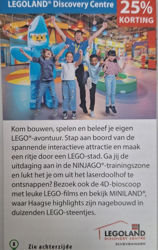 Legoland Discovery Centre Scheveningen 25% korting, Tickets en Kaartjes, Drie personen of meer, Kortingskaart