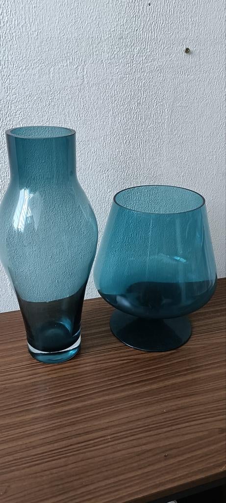 Vintage Turquoise Vazen Set, Huis en Inrichting, Woonaccessoires | Vazen, Gebruikt, Blauw, Ophalen of Verzenden, Glas