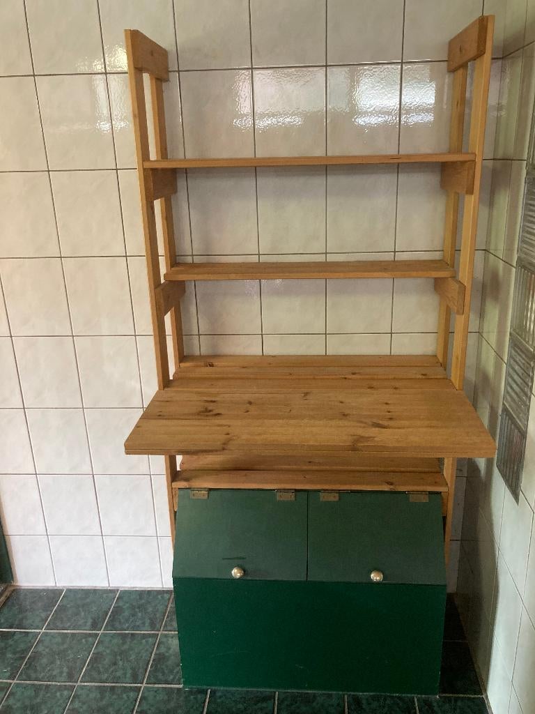 Badkamer houten stellingkast stellage met 2 wasmanden groen, Huis en Inrichting, Badkamer | Badkamermeubels, (Half)hoge kast, Zo goed als nieuw