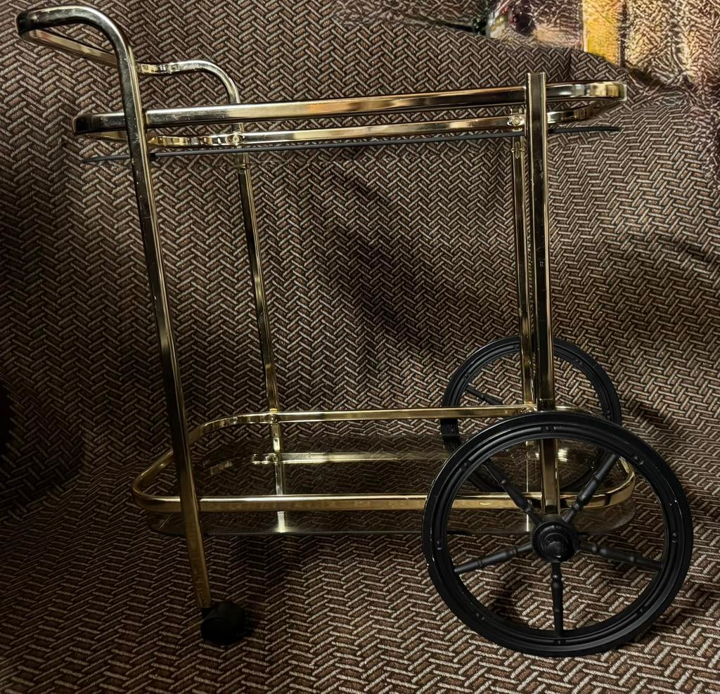 Mid Century vintage serveerwagen, verguld frame en rookglas, Ophalen, Zo goed als nieuw