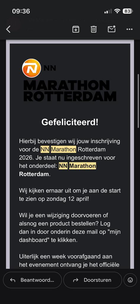 startbewijs nn marathon rotterdam 2026 tekoop, Eén persoon