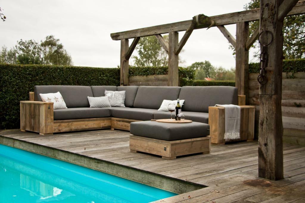 Hoekbank XXL 250x350 cm met kussen Sunbrella, Verzenden, Nieuw, Steigerhout