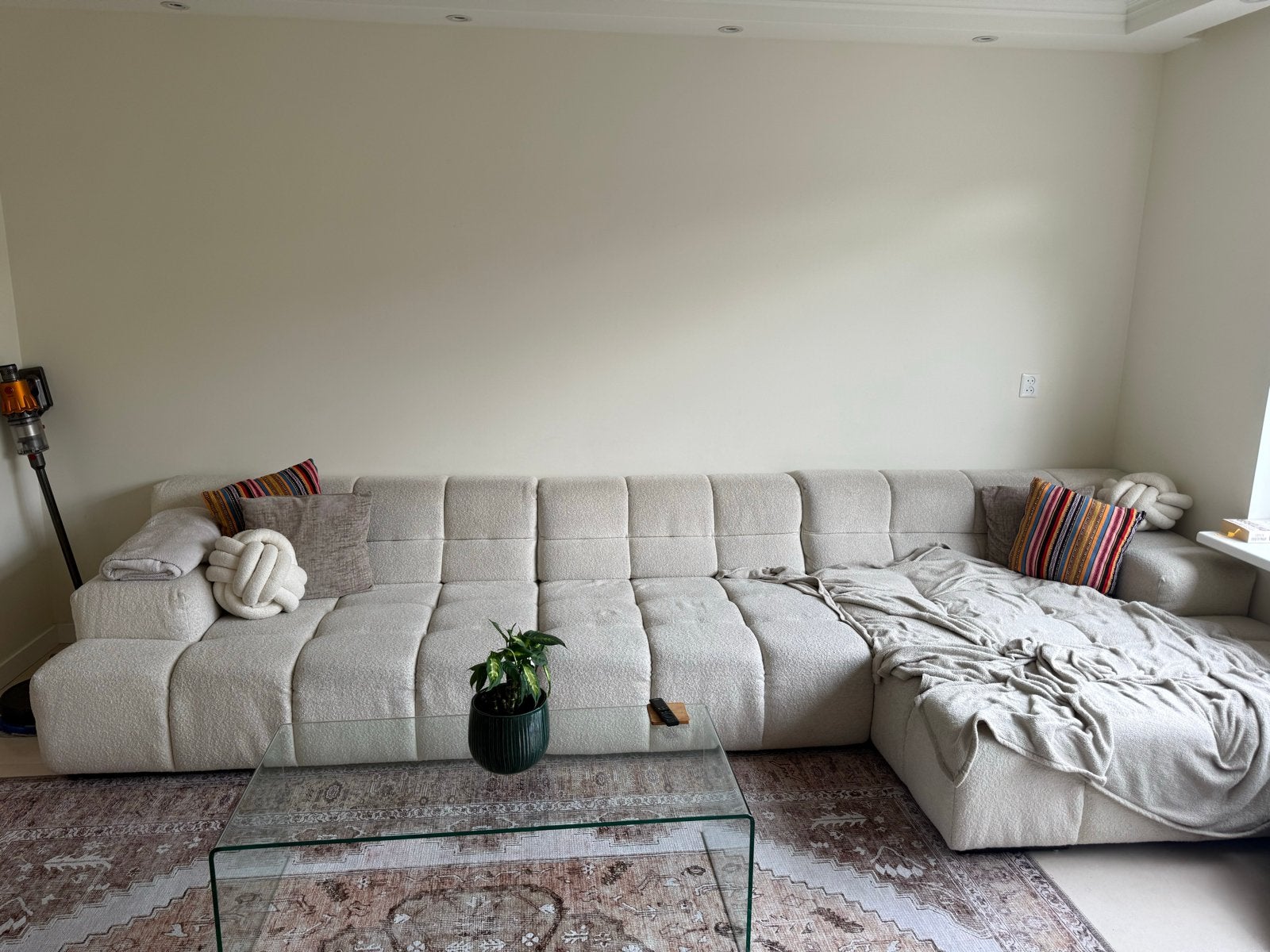 Grote Hoekbank Bouclé Stof - Crème Wit, Ophalen, Hoekbank, 300 cm of meer, Zo goed als nieuw