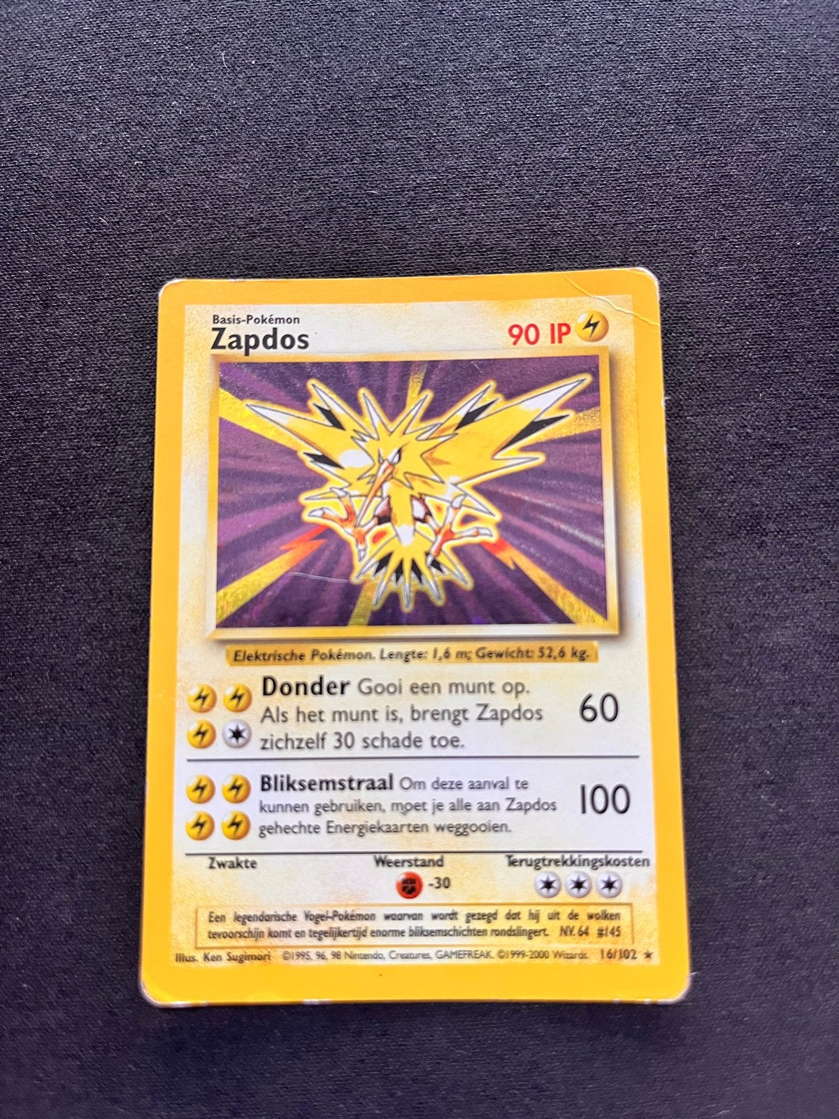 Zapdos Holo 16/102 Base Set Nederlands Pokémon Kaart, Ophalen of Verzenden, Gebruikt, Losse kaart, Foil