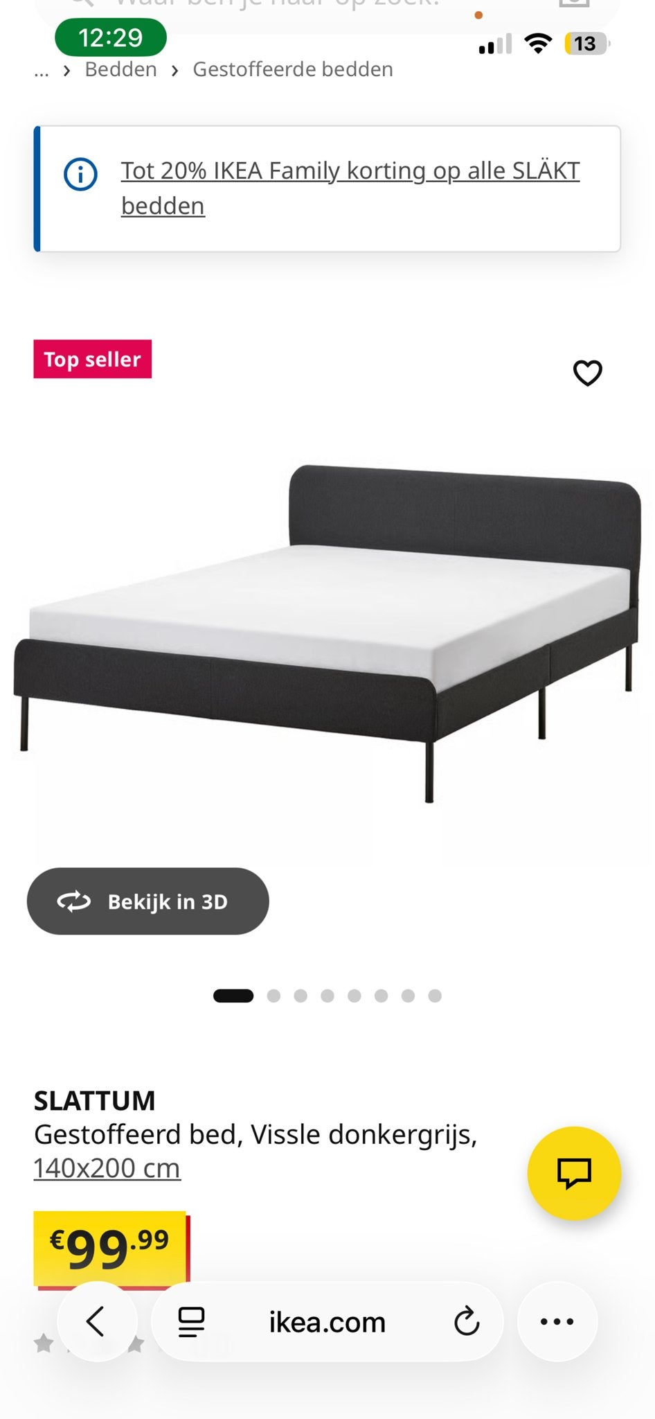 IKEA SLATTUM Gestoffeerd bed, donkergrijs, Tweepersoons, Zo goed als nieuw, 200 cm, 140 cm