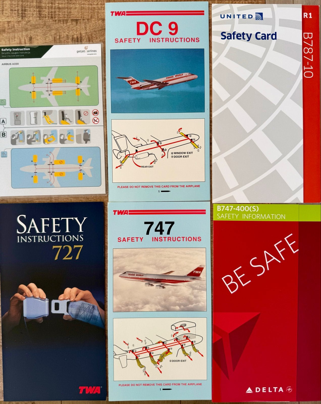 Safety cards - Diverse Airlines, Ophalen of Verzenden, Gebruikt, Kaart, Foto of Prent