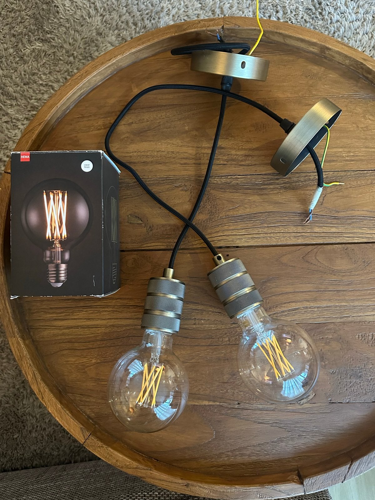 Industriële hanglampen mat goud/messing, 2x, Ophalen of Verzenden, Zo goed als nieuw, Metaal, E27 (groot)