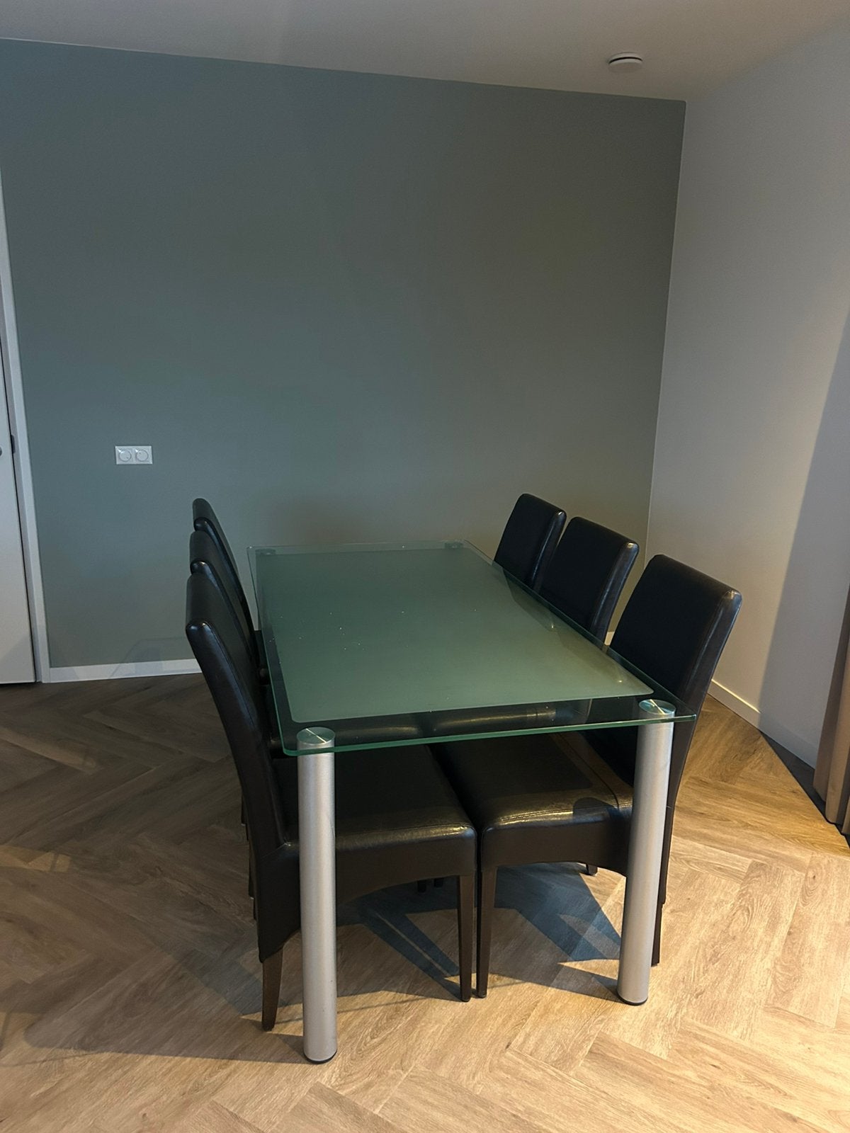 Glazen eettafel met 6 stoelen, Gebruikt, Glas, Vijf personen of meer, 150 tot 200 cm