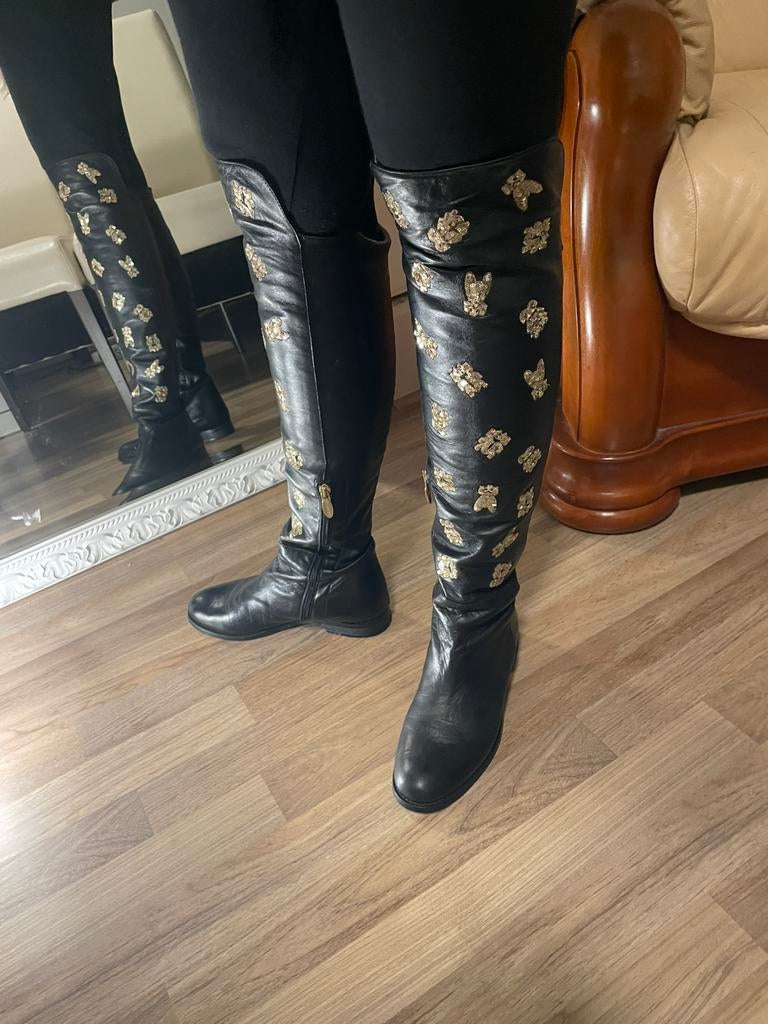 Flavio Castellani Black Leather Over the Knee Boots EU 37, Hoge laarzen, Zwart, Ophalen of Verzenden, Zo goed als nieuw