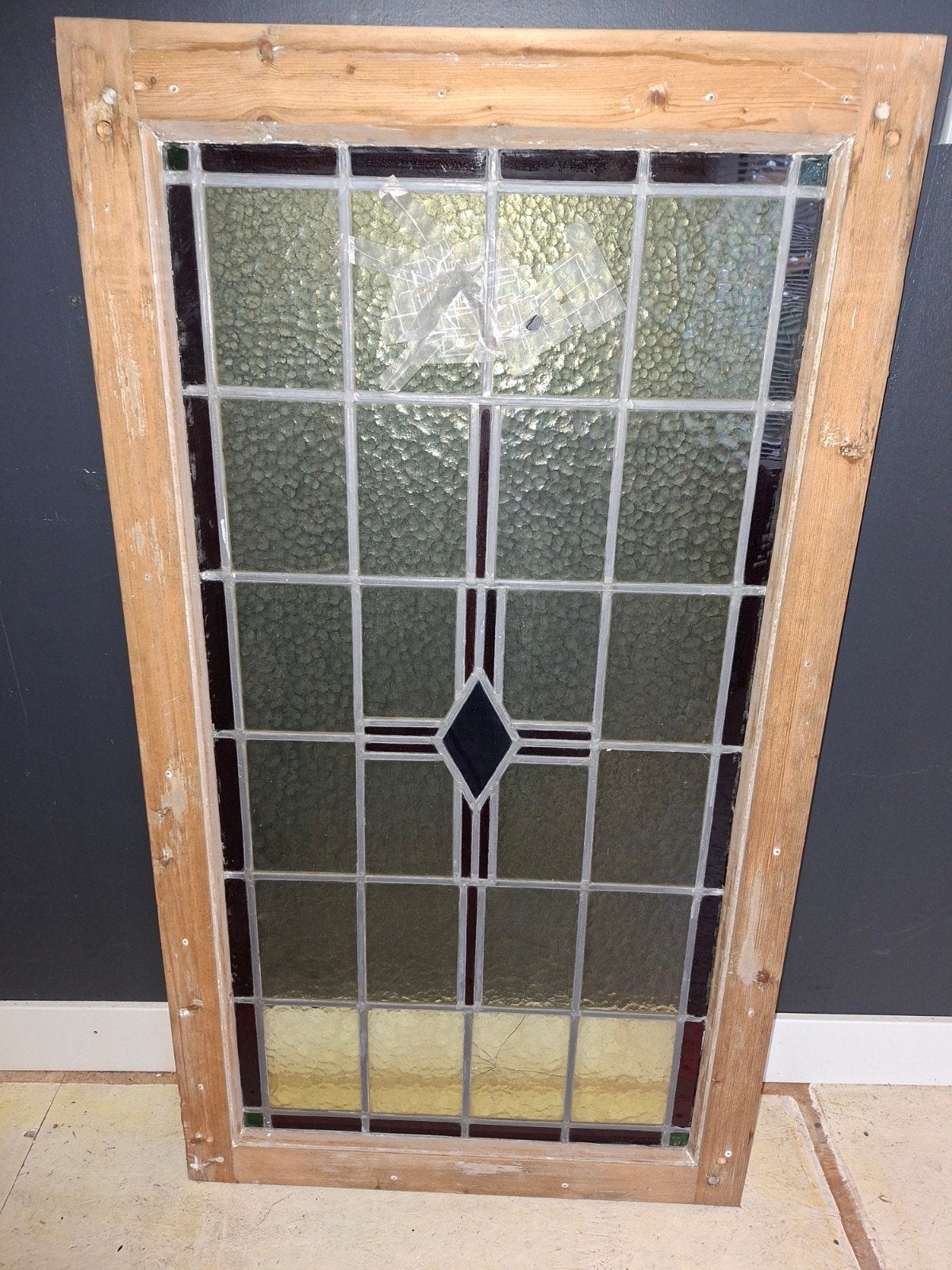 Prachtig glas in lood raam met houten kozijn, Ophalen, Gevelraam of Ruit, Gebruikt, Minder dan 80 cm